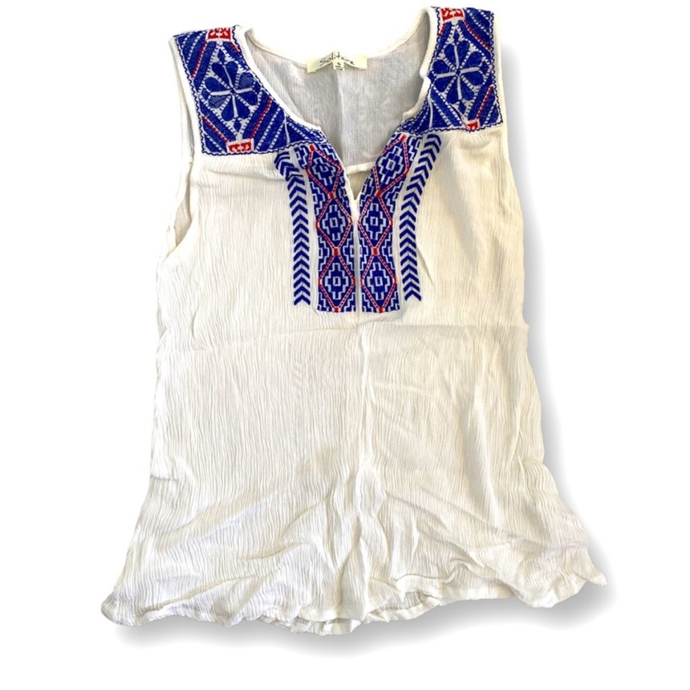 Solitaire Boho White Sleeveless Top with Blue Embroidery